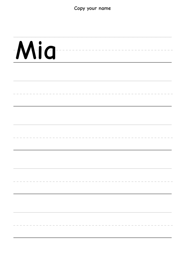 Example Copy practice name sheet for the name Mia