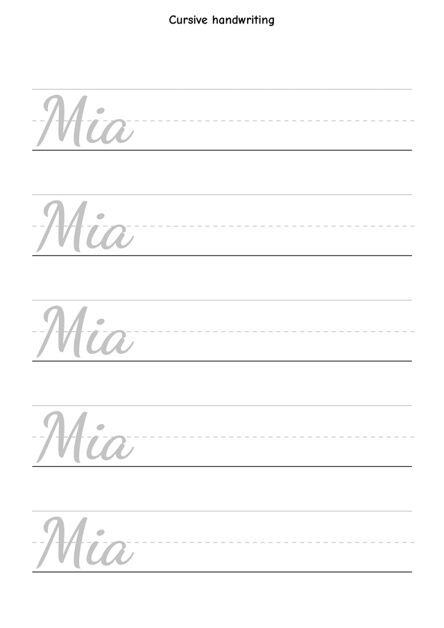 Example Trace (cursive) name sheet for the name Mia