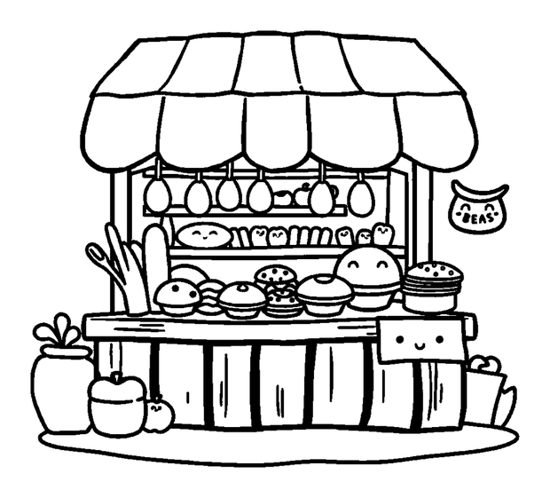 Baking Stall colouring page — free printable for kids