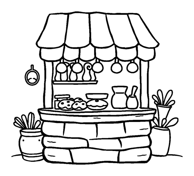Baking Stall colouring page — free printable for kids