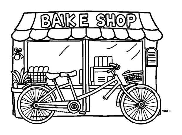 Bicycle Shop colouring page — free printable for kids