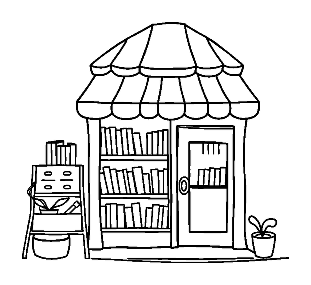 Bookshop colouring page — free printable for kids