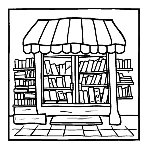 Bookshop colouring page — free printable for kids