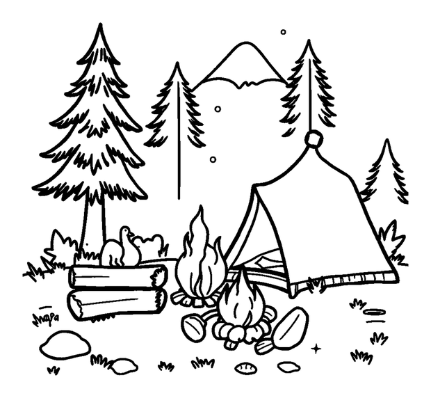 Camping Scene colouring page — free printable for kids