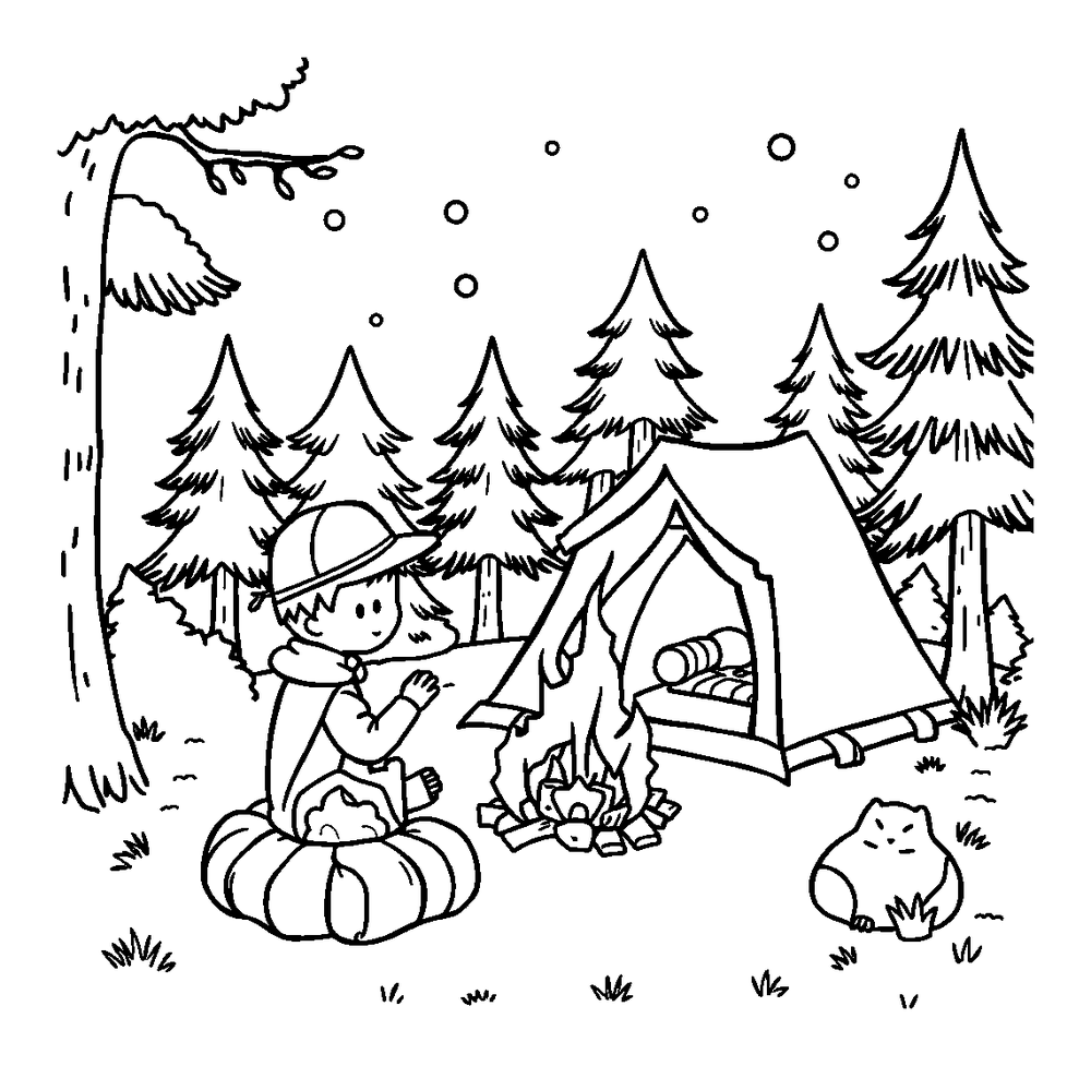 Camping Scene colouring page — free printable for kids