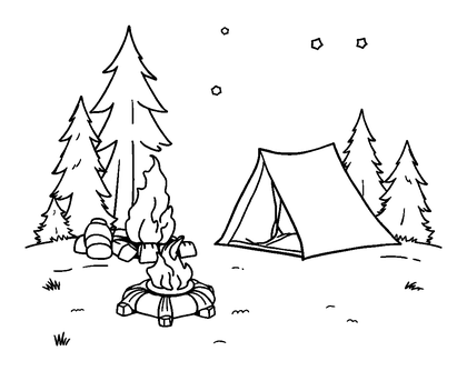 Camping Scene Colouring Page (Toddler, Bold & Easy)