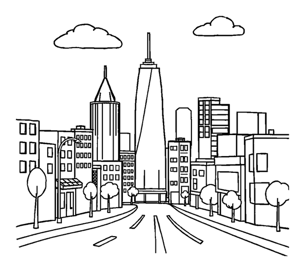 Cityscape colouring page — free printable for kids