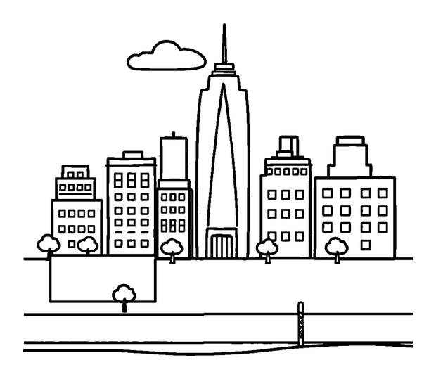 Cityscape colouring page — free printable for kids