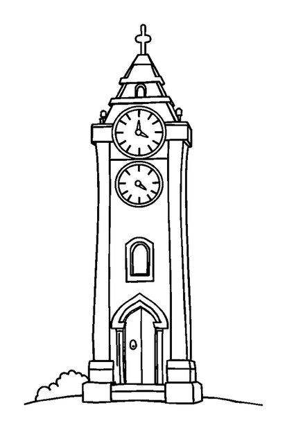 Clock Tower colouring page — free printable for kids