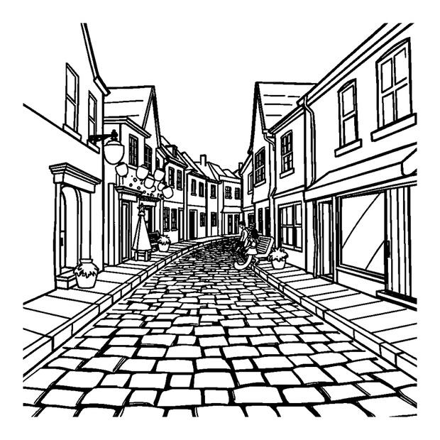 Cobbled Street colouring page — free printable for kids