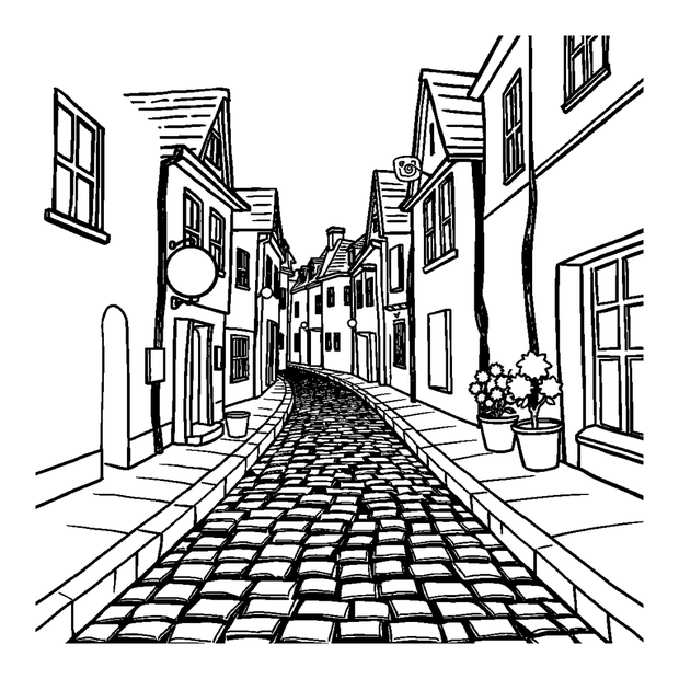 Cobbled Street colouring page — free printable for kids