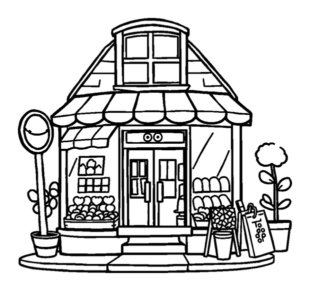 Corner Shop colouring page — free printable for kids