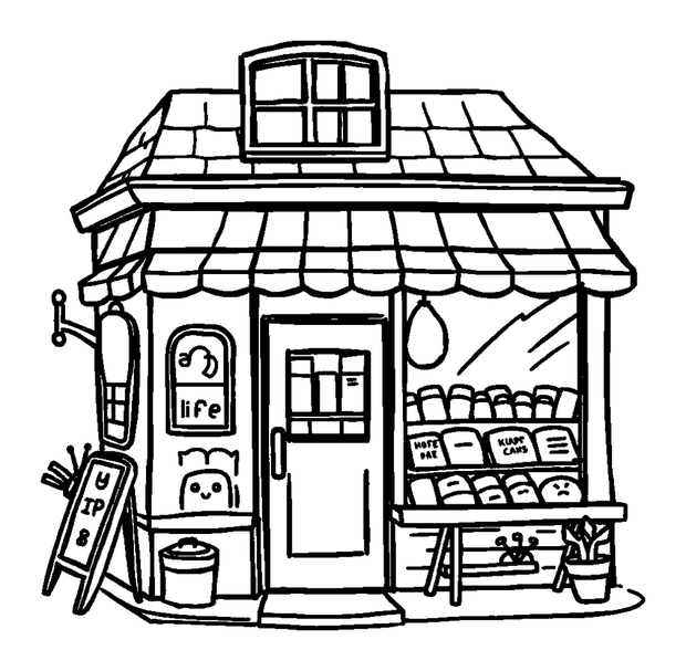 Corner Shop colouring page — free printable for kids