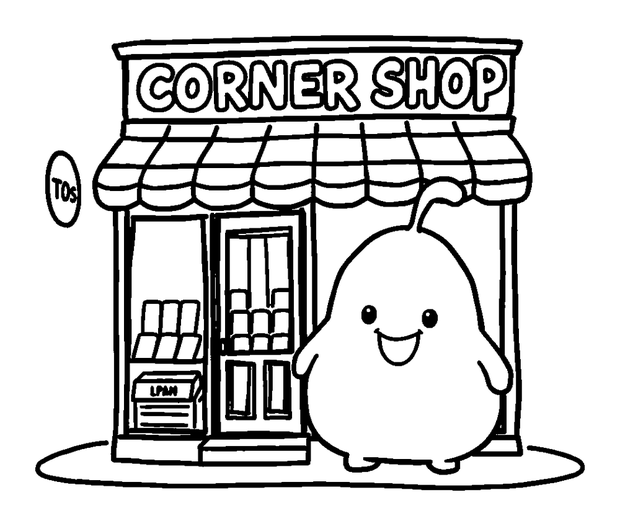 Corner Shop colouring page — free printable for toddlers
