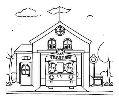 Fire Station Colouring Page (Kids, Standard)