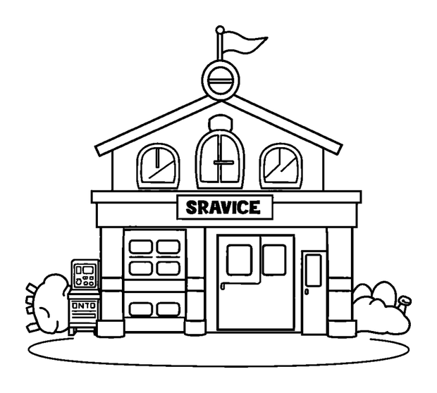 Fire Station colouring page — free printable for kids