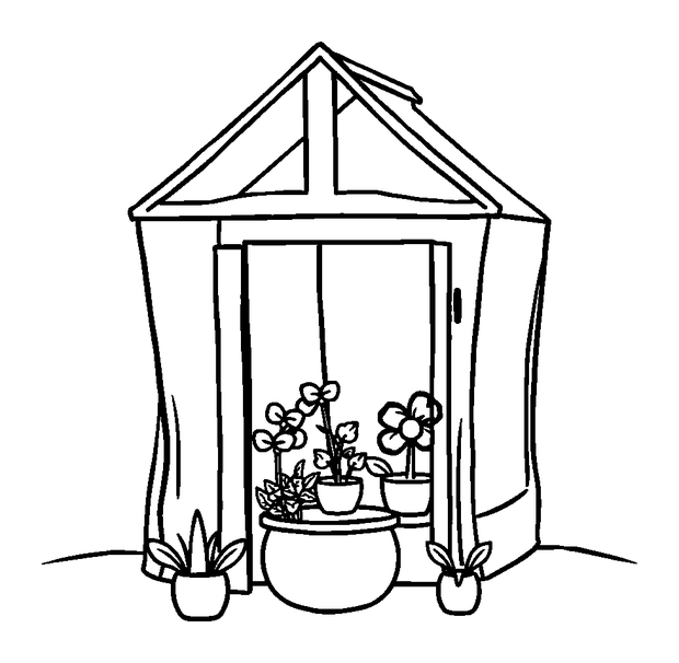 Greenhouse colouring page — free printable for kids