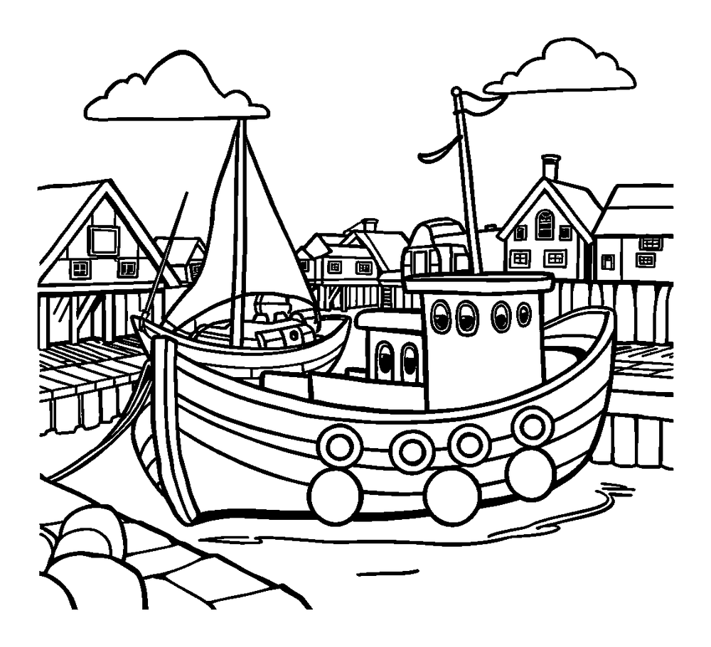 Harbour colouring page — free printable for kids