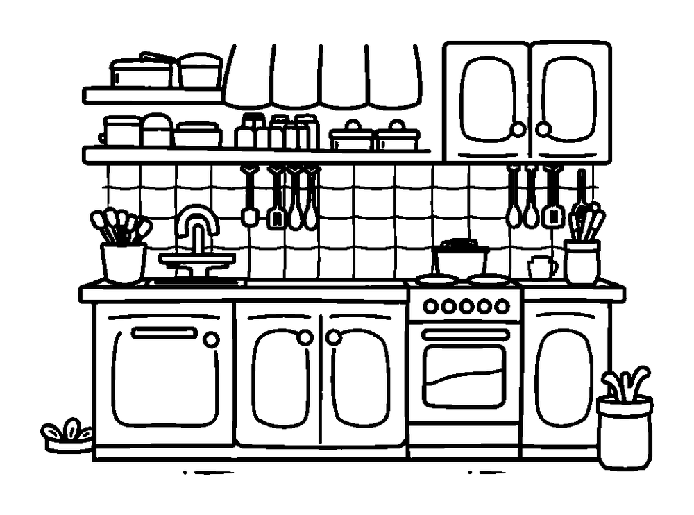 Kitchen colouring page — free printable for kids