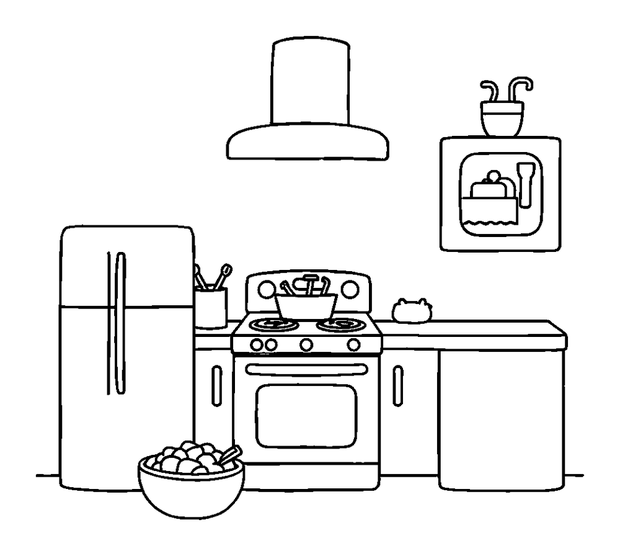 Kitchen colouring page — free printable for kids