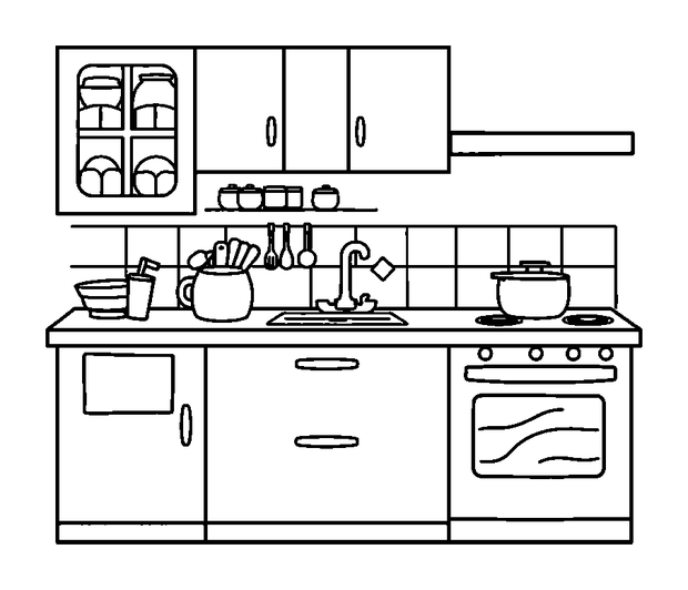 Kitchen colouring page — free printable for kids