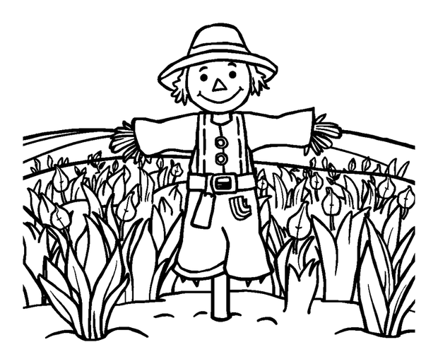 Scarecrow Field colouring page — free printable for kids