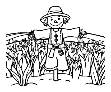 Scarecrow Field Colouring Page (Kids, Bold & Easy)