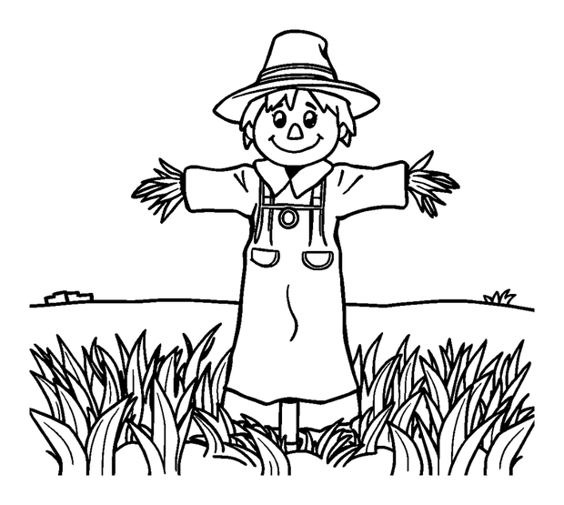 Scarecrow Field colouring page — free printable for toddlers