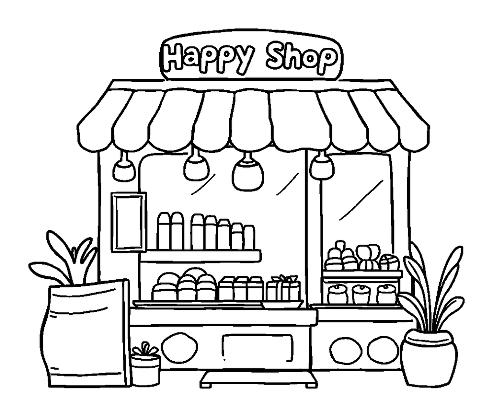 Shop colouring page — free printable for kids