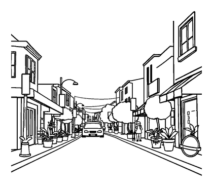Street Scene Colouring Page (Kids, Bold & Easy)
