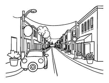 Street Scene Colouring Page (Kids, Bold & Easy)