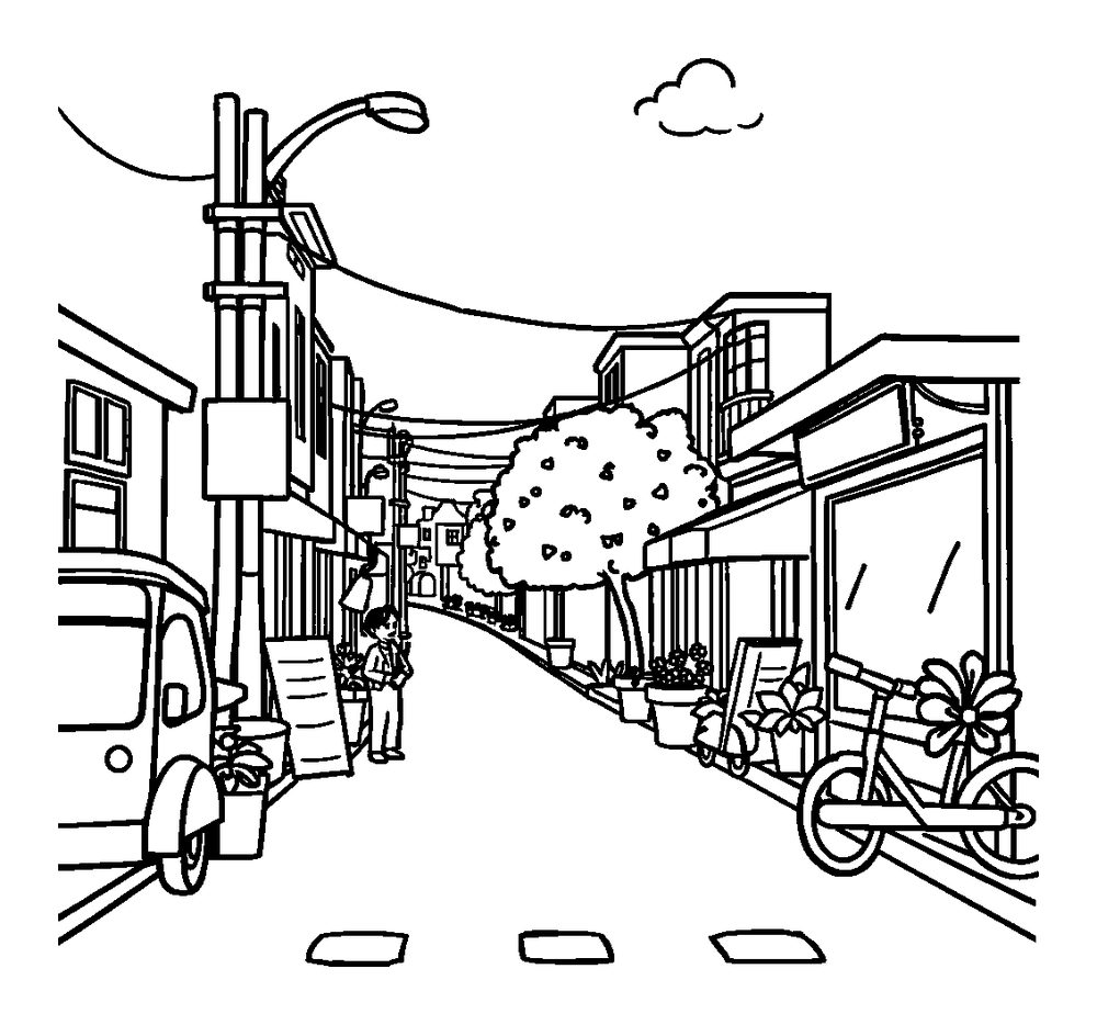 Street Scene colouring page — free printable for kids