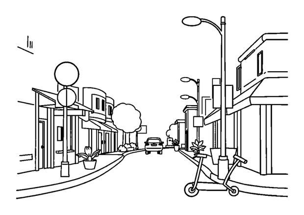 Street Scene colouring page — free printable for kids