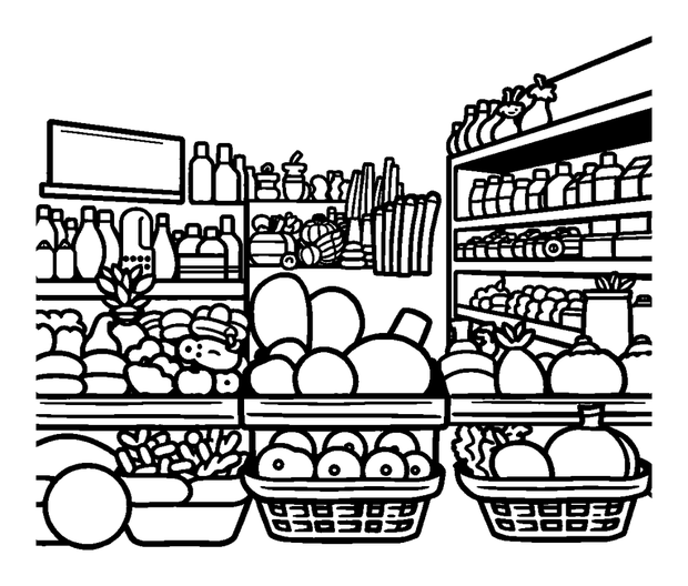 Supermarket colouring page — free printable for kids