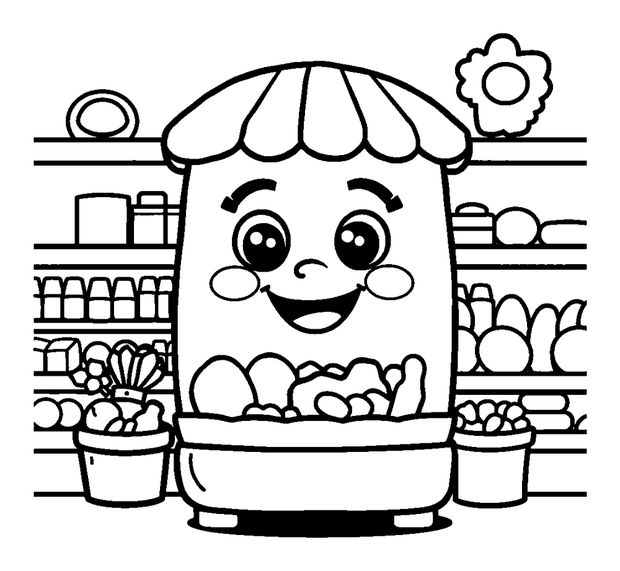 Supermarket colouring page — free printable for kids
