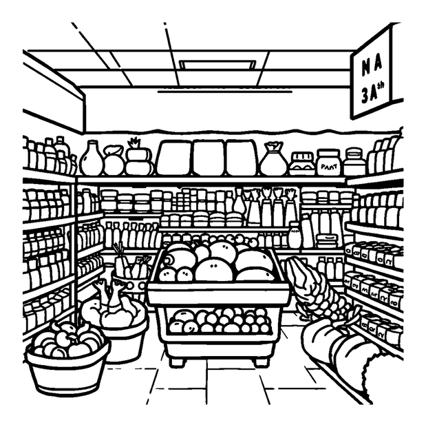 Supermarket colouring page — free printable for kids