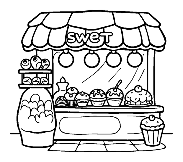 Sweet Shop colouring page — free printable for kids