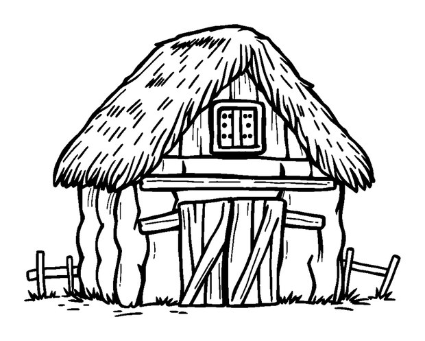 Thatched Barn colouring page — free printable for kids