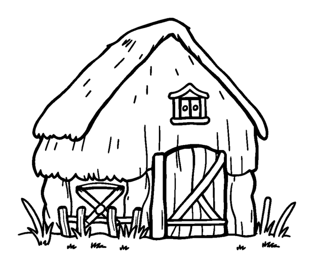 Thatched Barn colouring page — free printable for kids