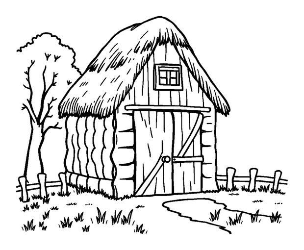 Thatched Barn colouring page — free printable for toddlers