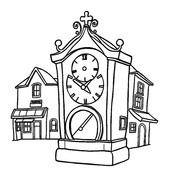 Town Clock colouring page — free printable for kids