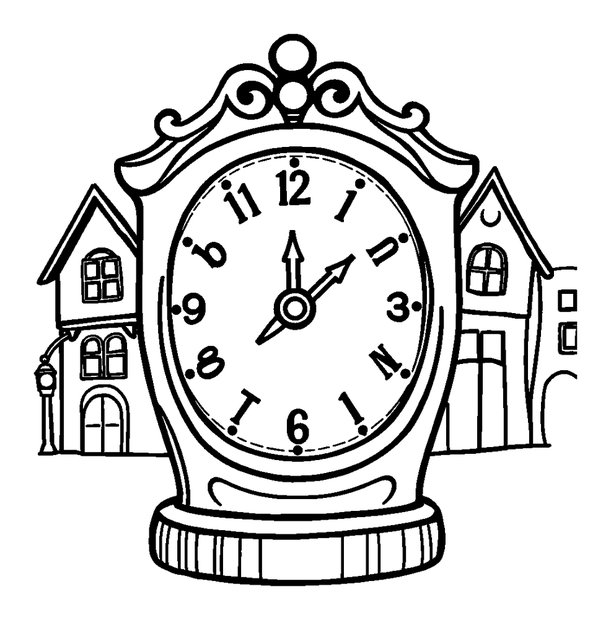 Town Clock colouring page — free printable for toddlers