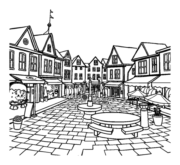 Town Square colouring page — free printable for kids