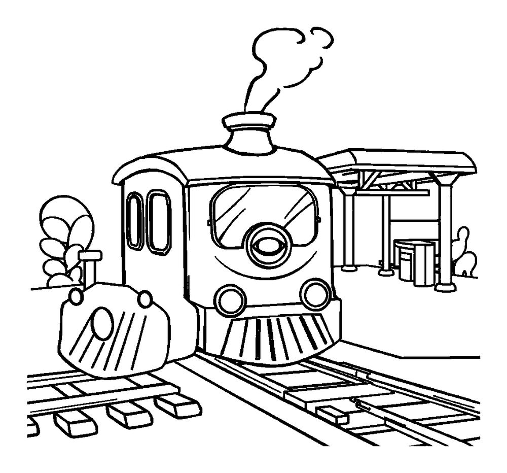 Train Station colouring page — free printable for kids