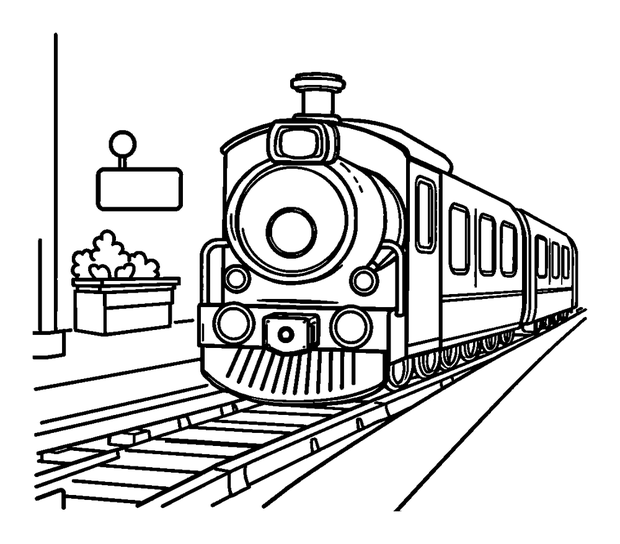 Train Station colouring page — free printable for kids