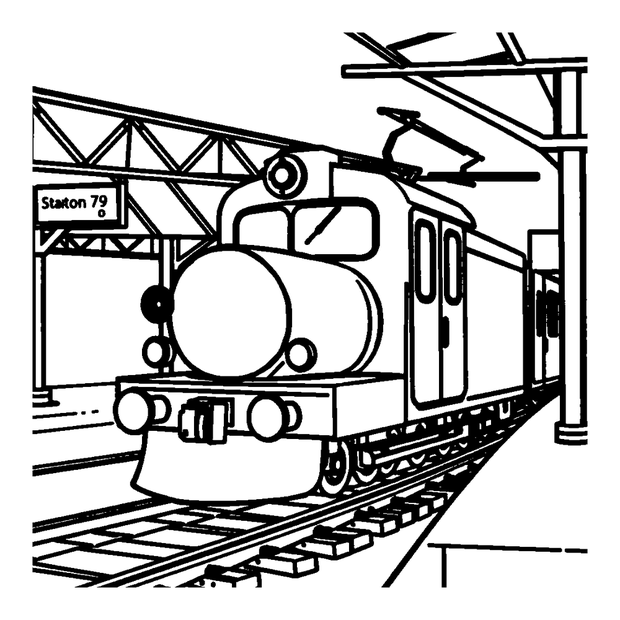 Train Station colouring page — free printable for toddlers