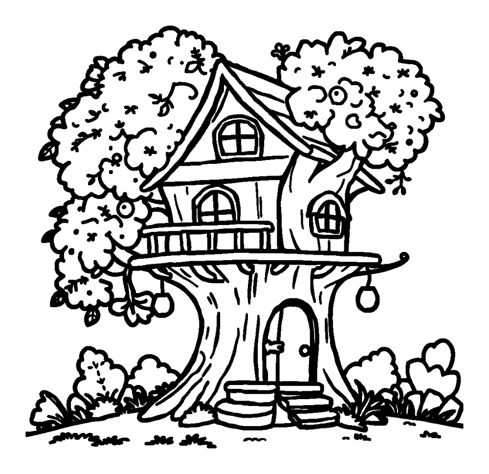 Treehouse colouring page — free printable for kids