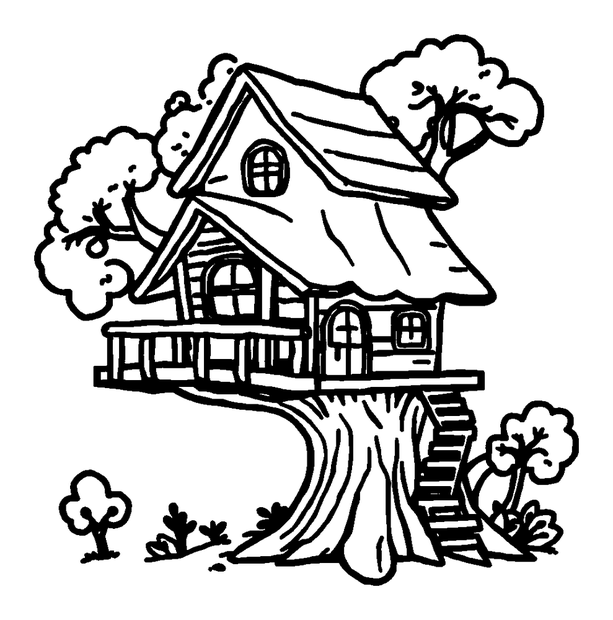 Treehouse colouring page — free printable for kids