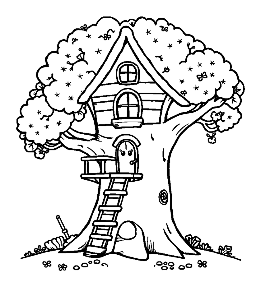 Treehouse colouring page — free printable for toddlers