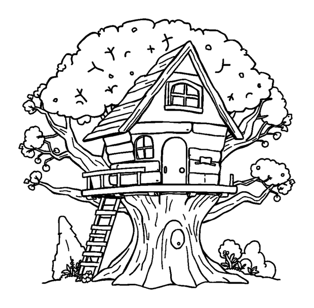 Treehouse colouring page — free printable for toddlers